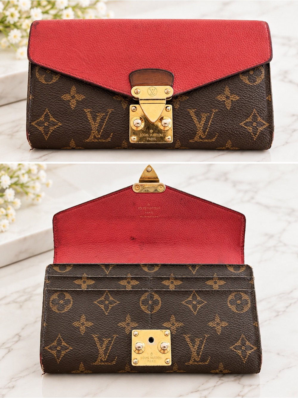 Louis Vuitton Monogram Canvas Red Flap Wallet with Gold Hardware